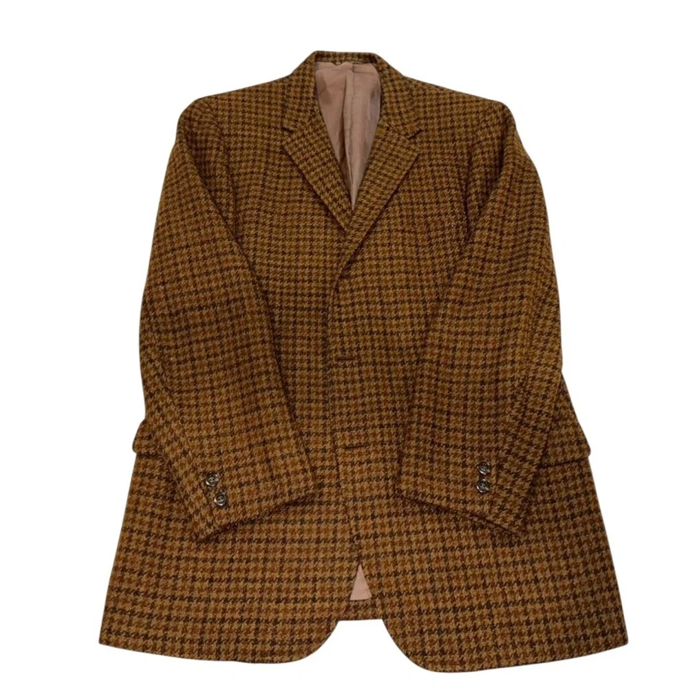 Vtg 70s Tweed Blazer Great Britain Luxury Brown Wool Houndstooth Sport Coat 41L